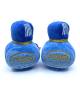 Grote blauwe pluche dobbelstenen van 15 cm met witte stippen, perfect voor retro decoratie.
